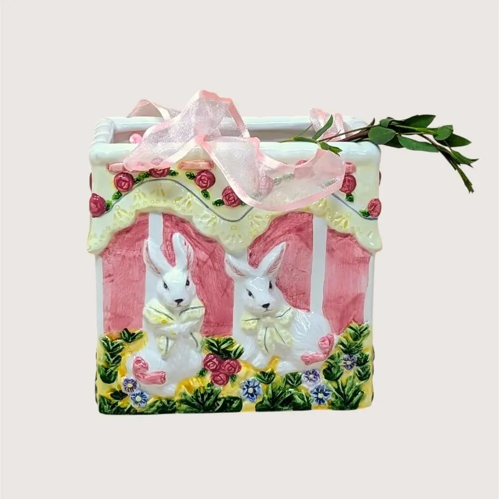 1980s Ceramic Easter Bunny Gift Bag Planter Vase
